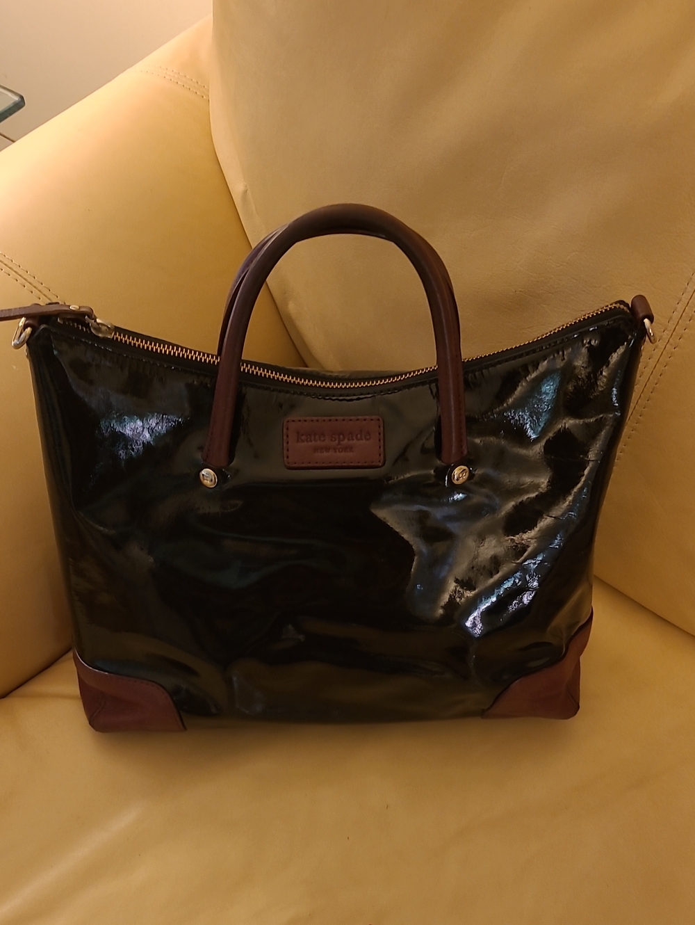 kate spade Black Patent Leather Satchel with Brown Trim